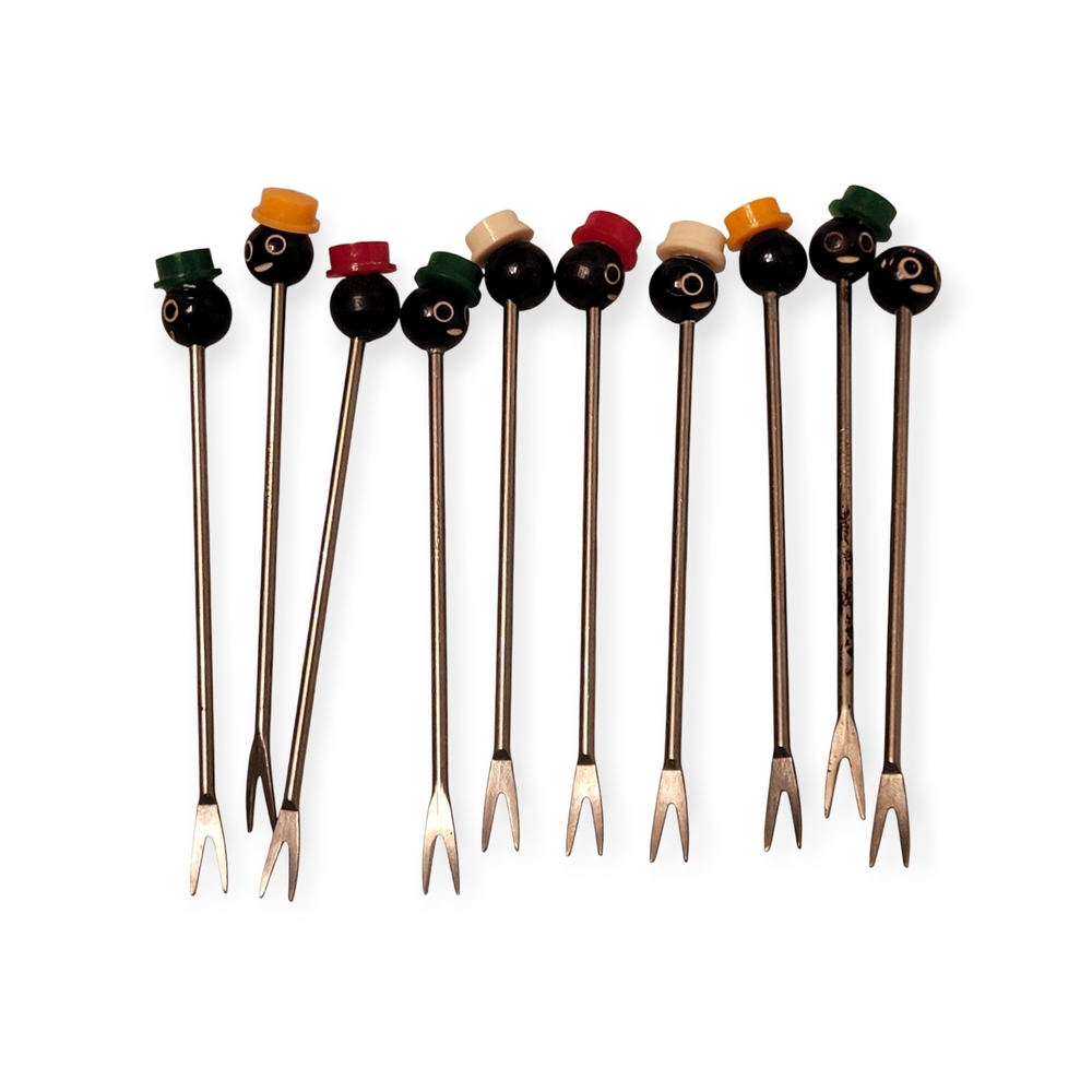 Vintage Midcentury Colorful Cocktail Forks Set Faces With Hats